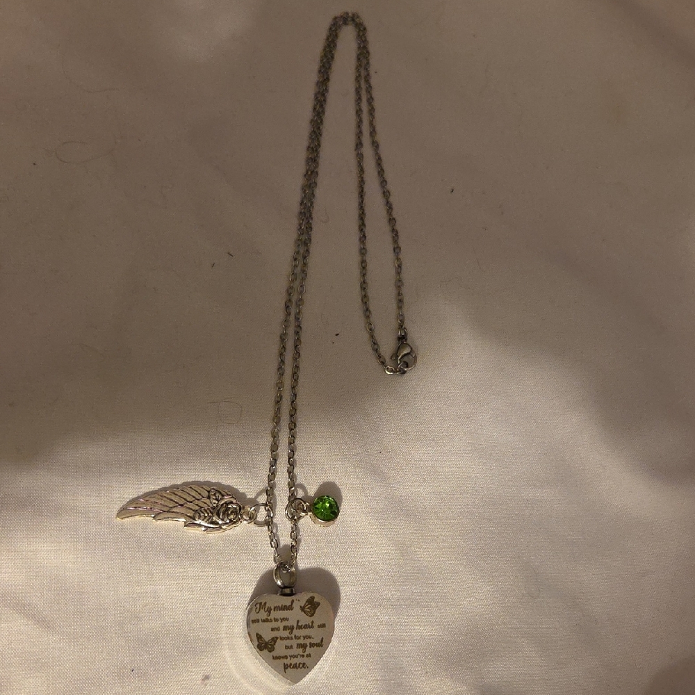 Silver Heart Pendant Necklace with Green Gem & Silver Wing Accent Charms